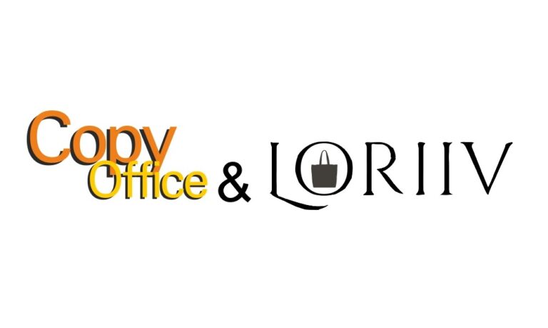 Лого на Copy Office и LORiiv с икона на пазарска торба, символизираща сътрудничество.