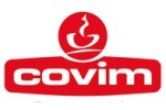 Лого на Covim с червена и бяла стилна чаша за кафе.