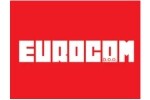 Лого на Eurocom с извезкан в бяло шрифт върху червен фон.