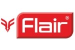 Червено-бяло лого на Flair с модерен, стилен и минималистичен дизайн, излъчващо динамика и енергия.