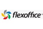 Модерно лого на Flexxoffice с въртящ се цветен ефект и черен текст на бял фон.