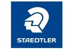 Лого на STAEDTLER с бял стилен шлем върху наситен син фон, символ на творчество и качество.