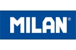 Логото на MILAN в бели и червени букви на син фон, излъчващо стил и професионализъм.