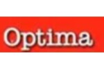 Силна бяла дума Optima на цял екран червен фон, лого и надпис на магнитно поле.
