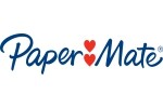 Лого на Paper Mate с тюркоазен курсивен шрифт и червено сърце.