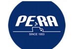 Логото на Pera Cafe с бял текст и силует на човек, държащ дъмбел на син фон.