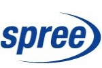 Лого на Spree с син текст и извит дизайн върху бял фон.