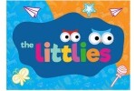 Цветно лого на детски анимационен сериал The Littlies с игрливи очи и хартиени самолетчета.