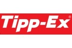 Лого на Tipp-Ex върху червено-бял фон, символизиращо продукт за корекция на хартия.