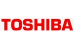 Лого на Toshiba с дебели червени букви върху бял фон.