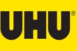 Лого на UHU с дебели черни букви върху жълт фон.
